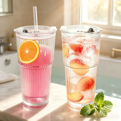 Ribbed glass drinking cup with lid and straw