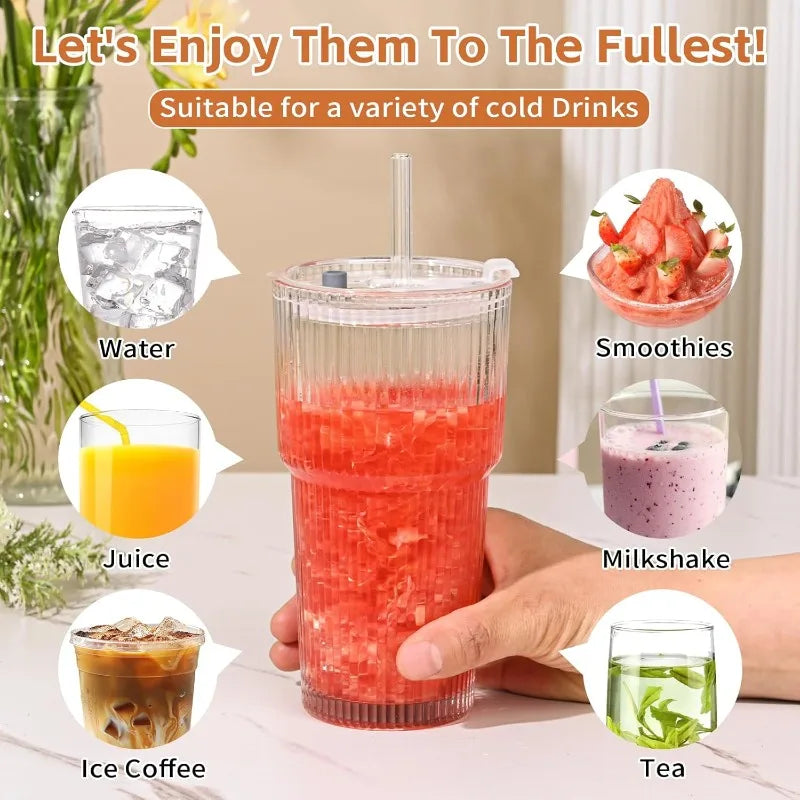 Ribbed glass drinking cup with lid and straw