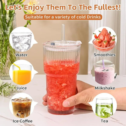 Ribbed glass drinking cup with lid and straw