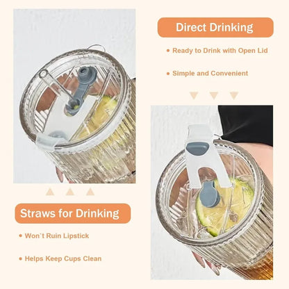 Ribbed glass drinking cup with lid and straw