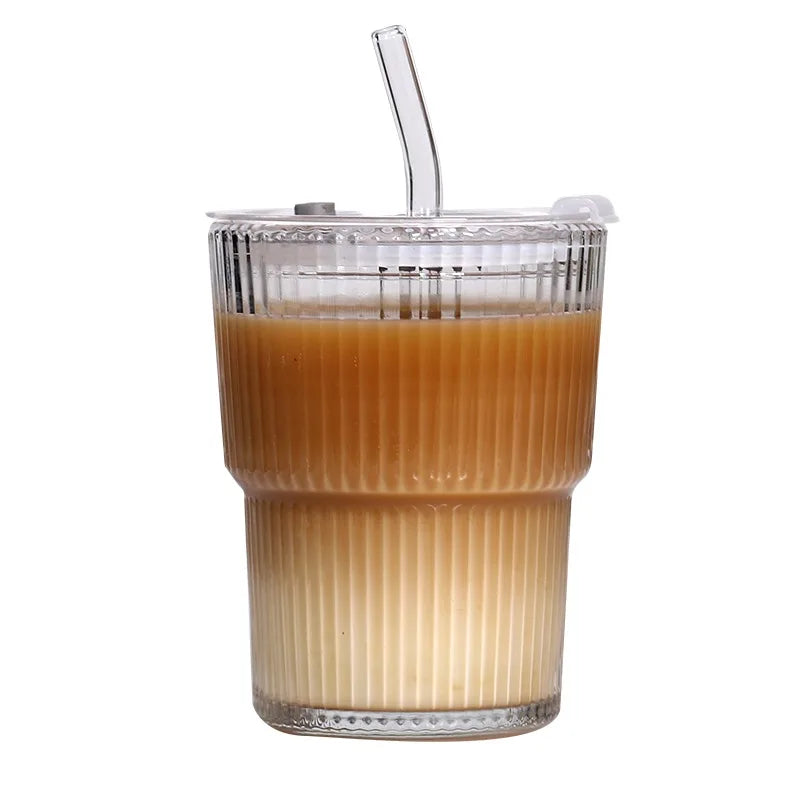 Ribbed glass drinking cup with lid and straw — 400 mL