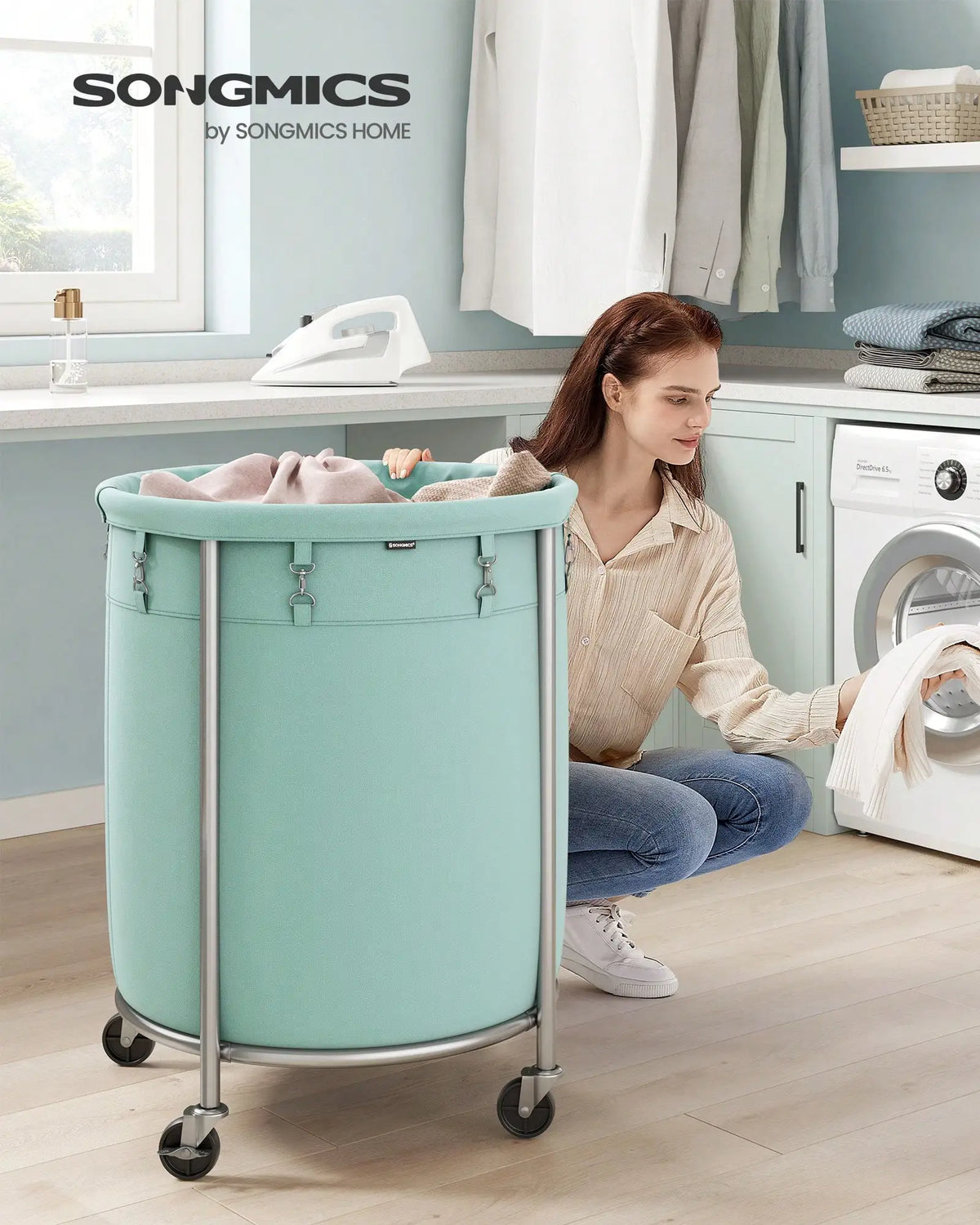 Beloryva Rolling Laundry Basket, Mint Green and Silver