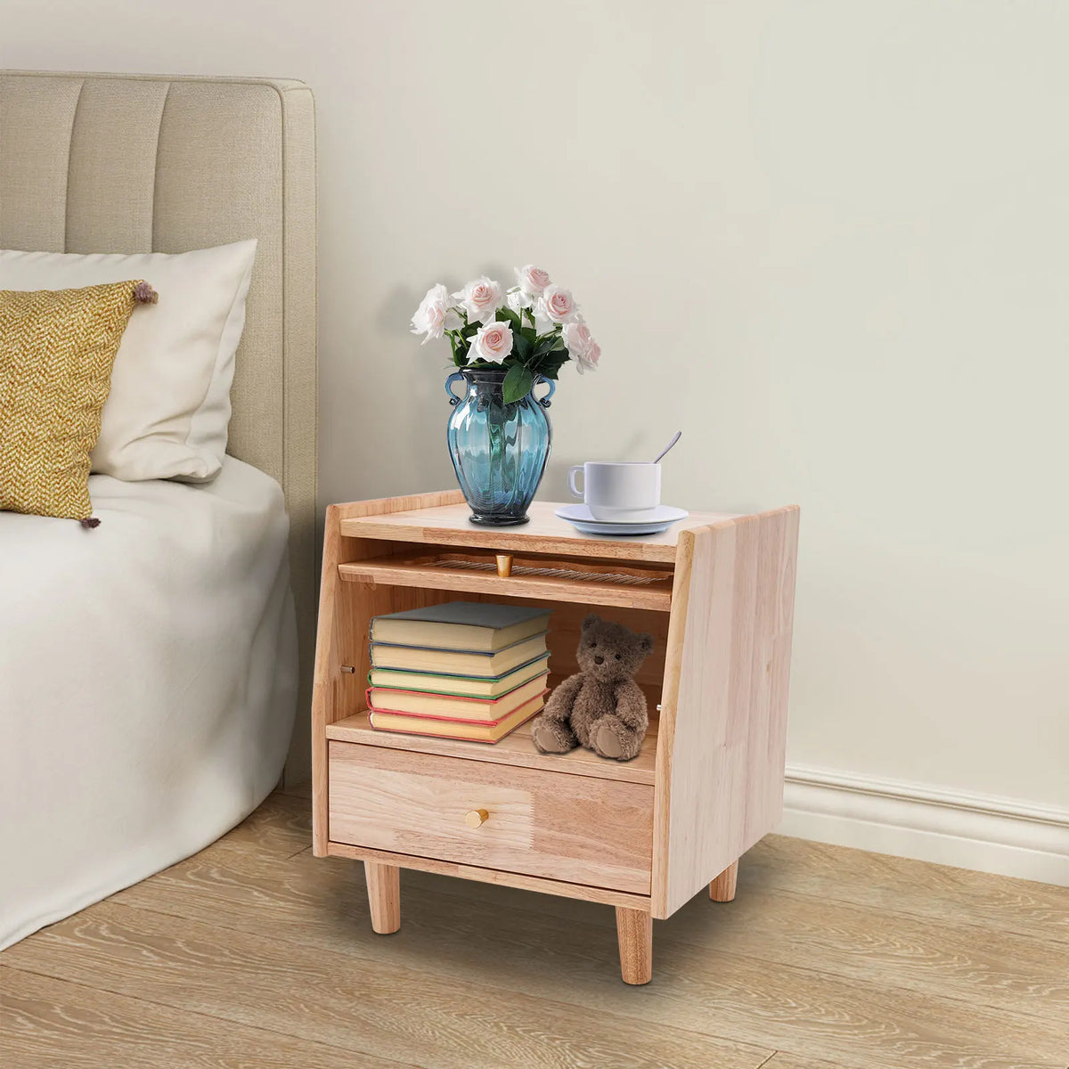 Beloryva Two-Tier Rubberwood and Glass Bedside Cabinet — product view 3