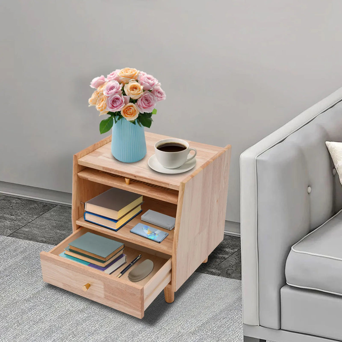 Beloryva Two-Tier Rubberwood and Glass Bedside Cabinet — product view 4
