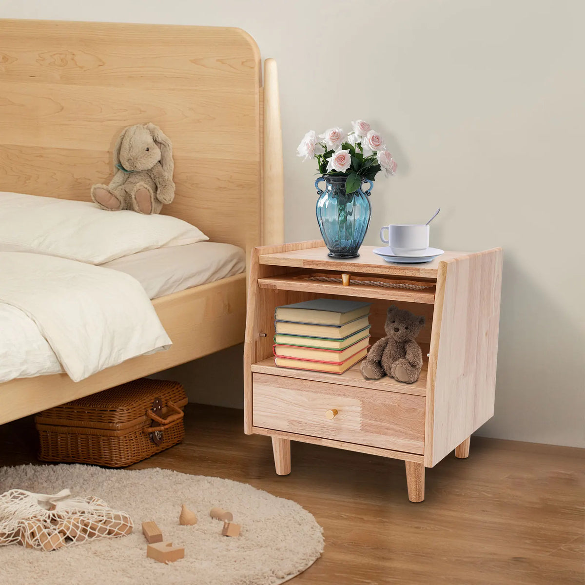 Beloryva Two-Tier Rubberwood and Glass Bedside Cabinet — product view 6