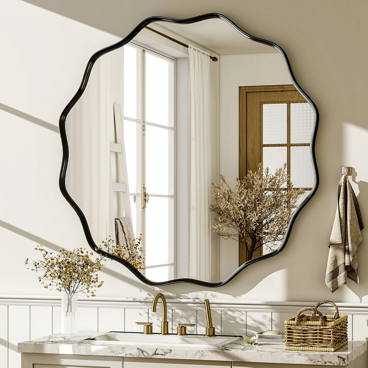 Beloryva Wavy Round Wall Mirror, 36 × 36 in - Black