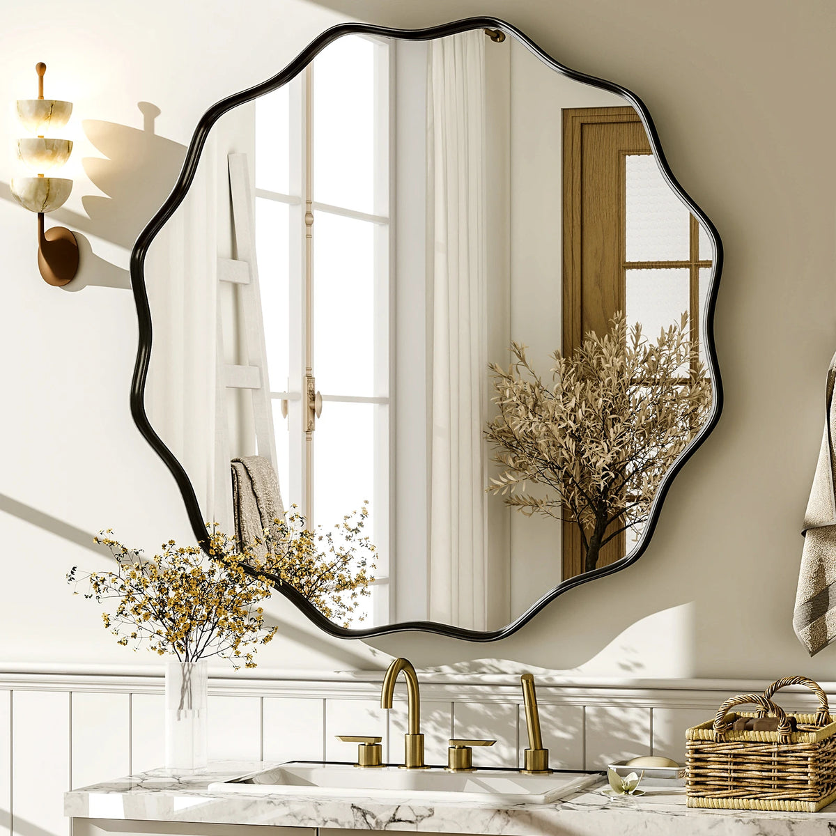 Beloryva Wavy Round Wall Mirror, 30 × 30 in - Black
