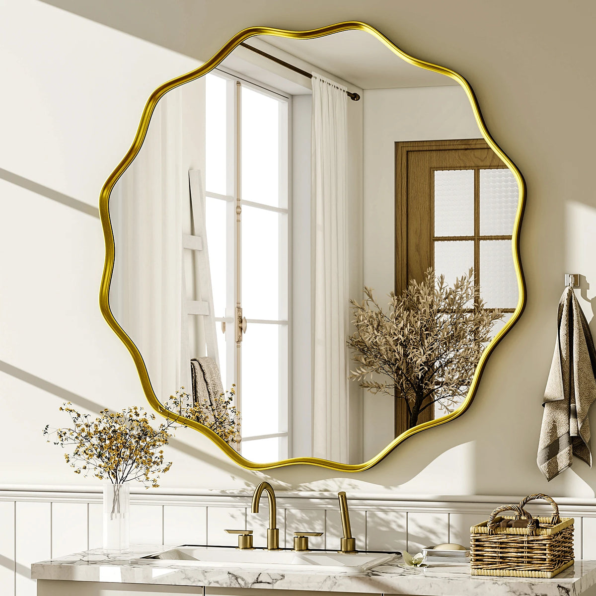 Beloryva Wavy Round Wall Mirror, 36 × 36 in - Gold