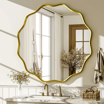 Beloryva Wavy Round Wall Mirror, 36 × 36 in - Gold