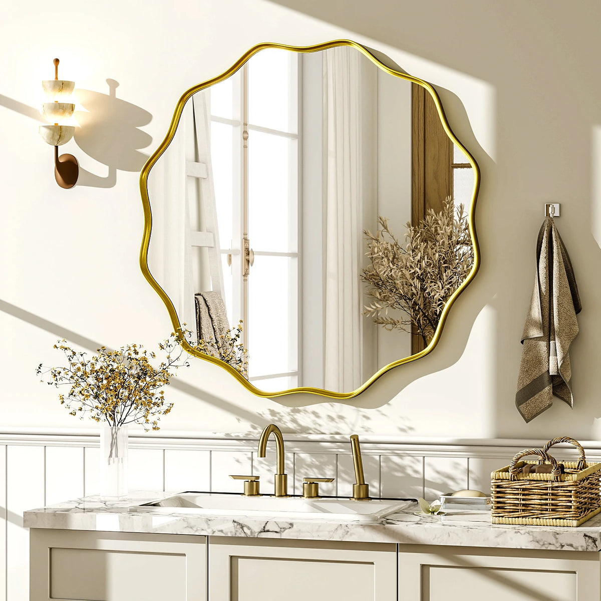 Beloryva Wavy Round Wall Mirror, 24 × 24 in - Gold