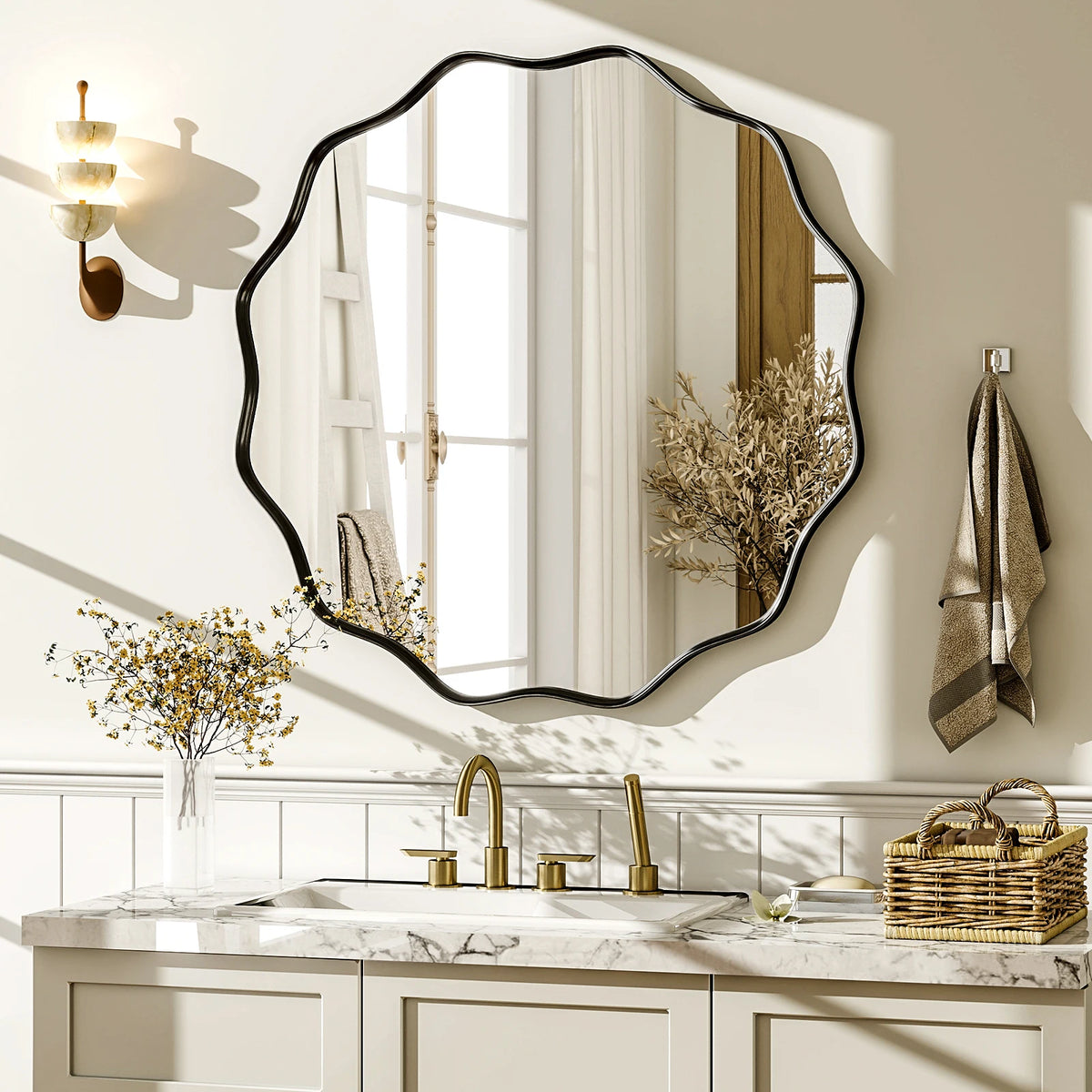 Beloryva Wavy Round Wall Mirror, 24 × 24 in - Black