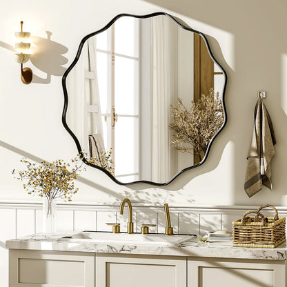 Beloryva Wavy Round Wall Mirror, 24 × 24 in - Black