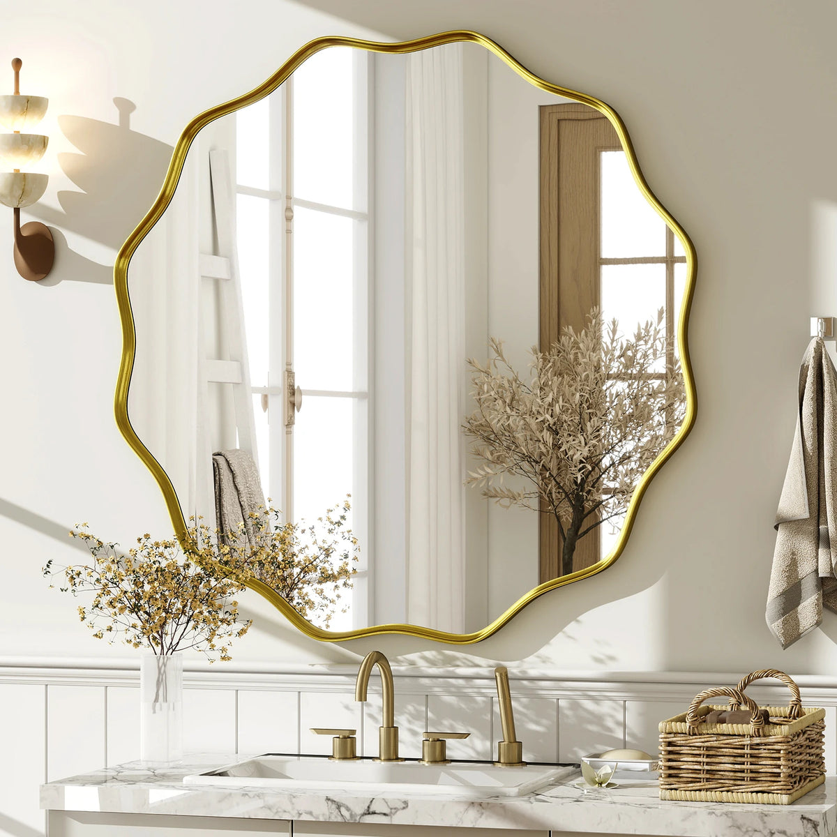 Beloryva Wavy Round Wall Mirror, 30 × 30 in - Gold